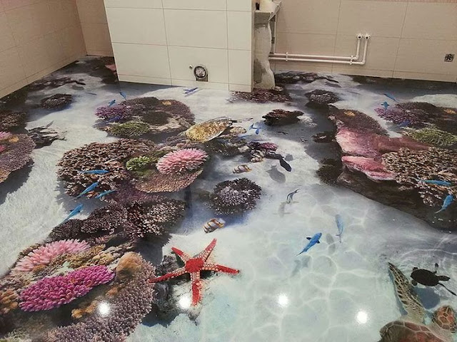 amazing 3D floor designs for bathroom with seashells effects