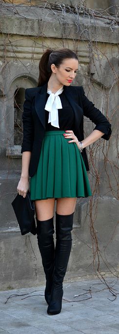Street style nice ribbon collar and schoolgirl green skirt | Luvtolook ...