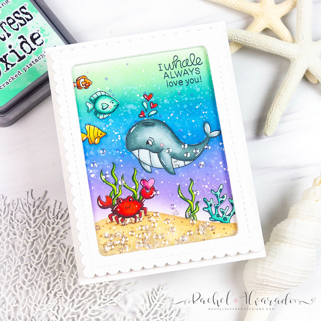 Whale Shaker Card by July Guest Designer Rachel Alvarado | Tides of Love Stamp Set, Hills & Grass Stencil and Frames & Flags Die Set by Newton's Nook Designs #newtonsnook #handmade