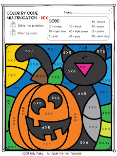 Halloween Color By Number Multiplication Pumpkin and Cat