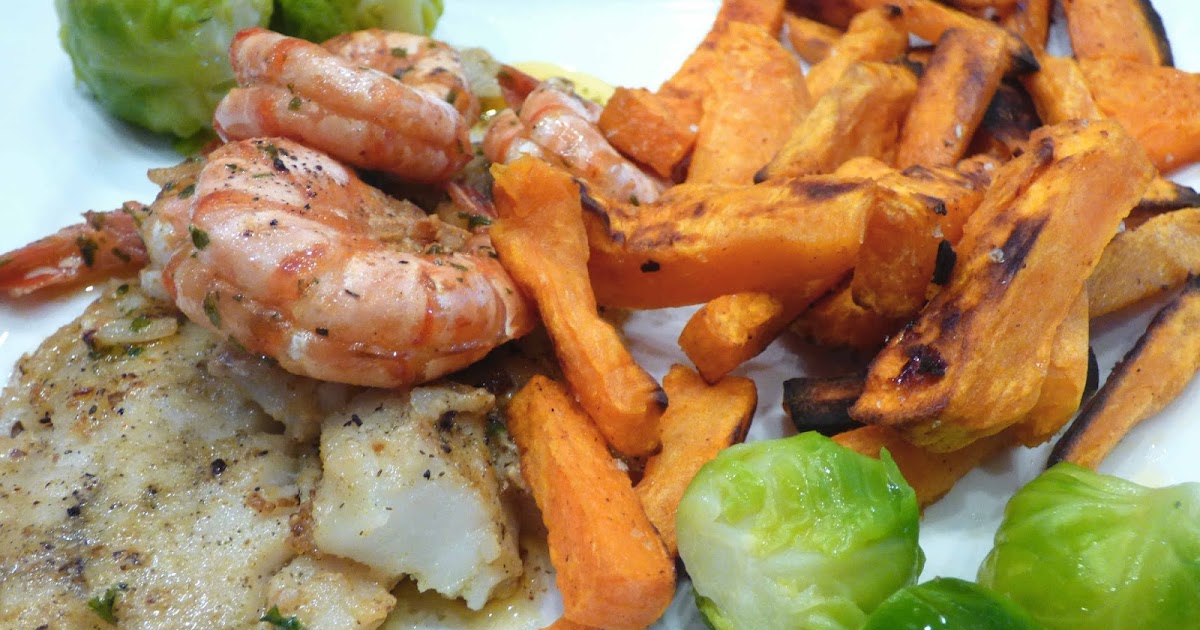 rotbarsch, garnelen und süßkartoffeln