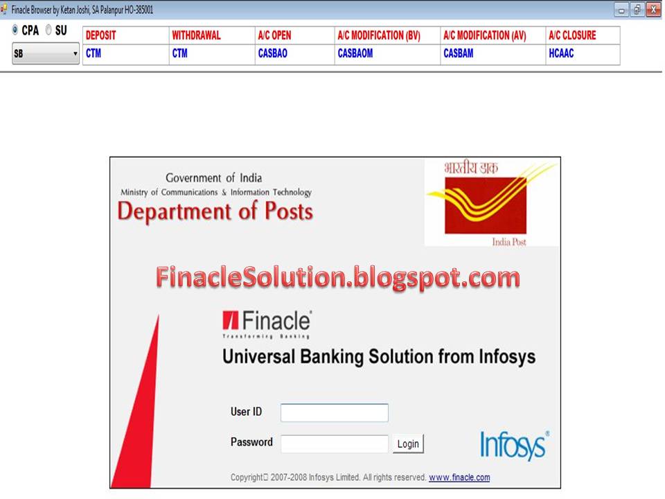 Browser with DOP Finacle Application Menu for Post Offices