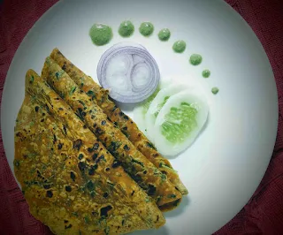 Serving Methi paratha with chutney, onion and cucumbers for Methi paratha recipe