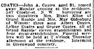 "Obituary - Coates," The Grand Rapids Press, 2 Oct 1934, p. 2, col. 2; digital images, GenealogyBank (www.genealogybank.com : accessed 24 Jul 2020), Newspaper Archives.
