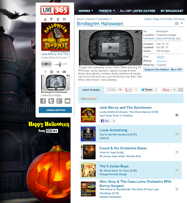 Screenshot of Bindlegrim Halloween radio on live365 - a broadcast of old vintage Halloween music from the 1910s, 1920s, 1930s, 1940s, 1950s