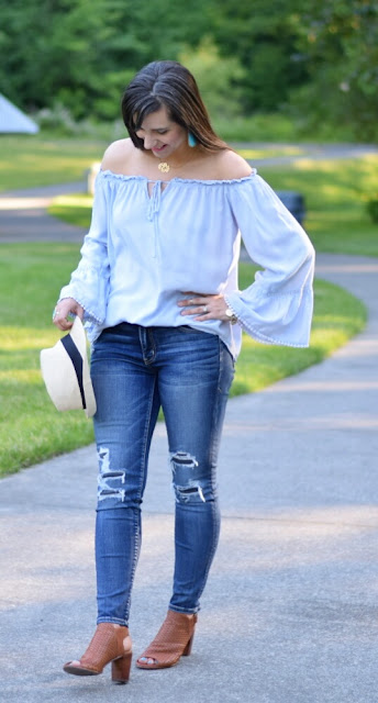 Weekend Off the Shoulder with Distressed Skinny Jeans