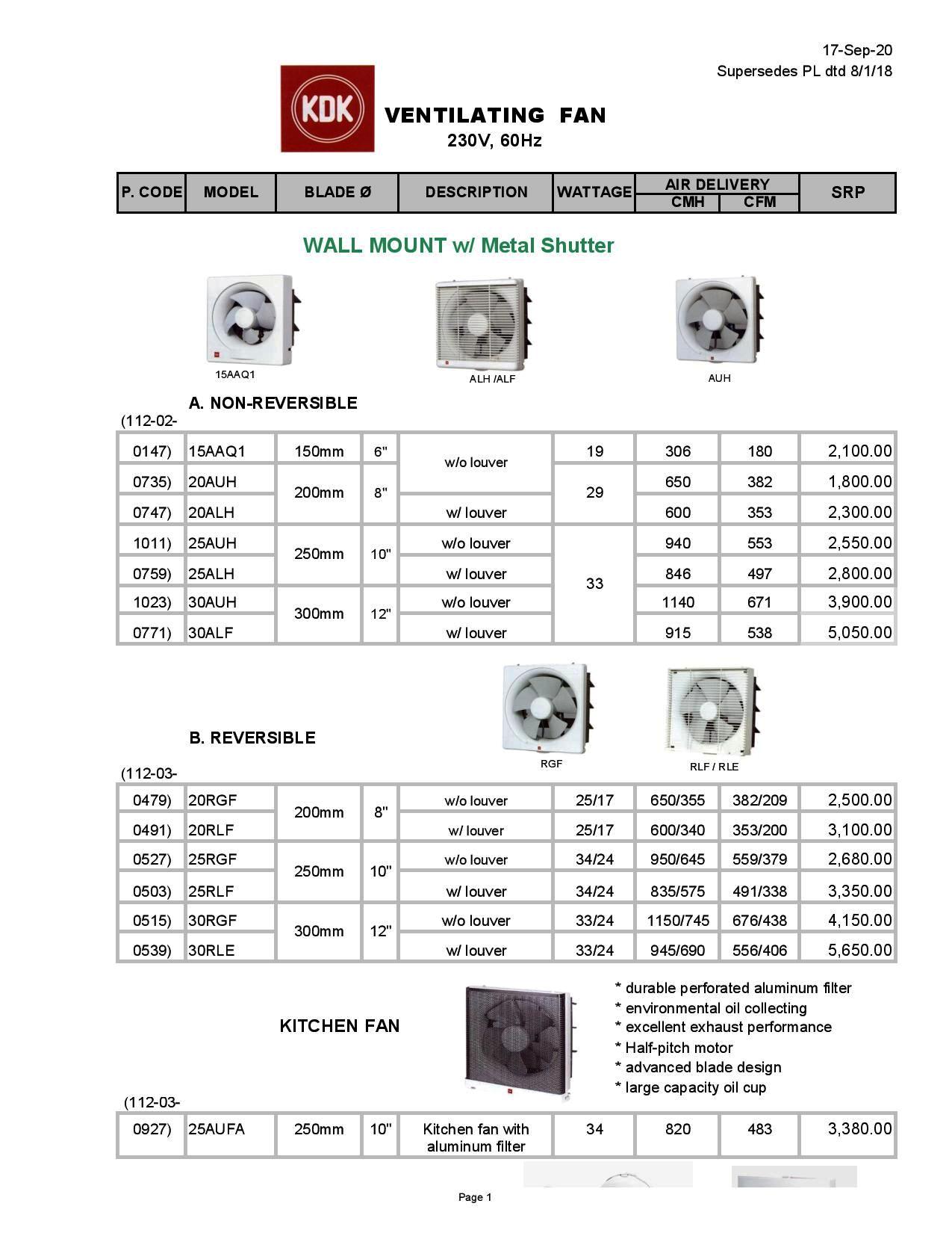 KDK VENTILATING FANS PRICE LIST