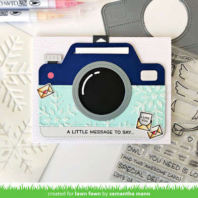 Winter Camera Interactive Card by Samantha Mann for Lawn Fawn, Magic Iris Camera, Interactive, Stencil, Snowflakes, Owl, Special Delivery, #lawnfawn #magiciriscamera #interactivecard #cardmaking #cards #specialdelivery #diecutting #pulltab