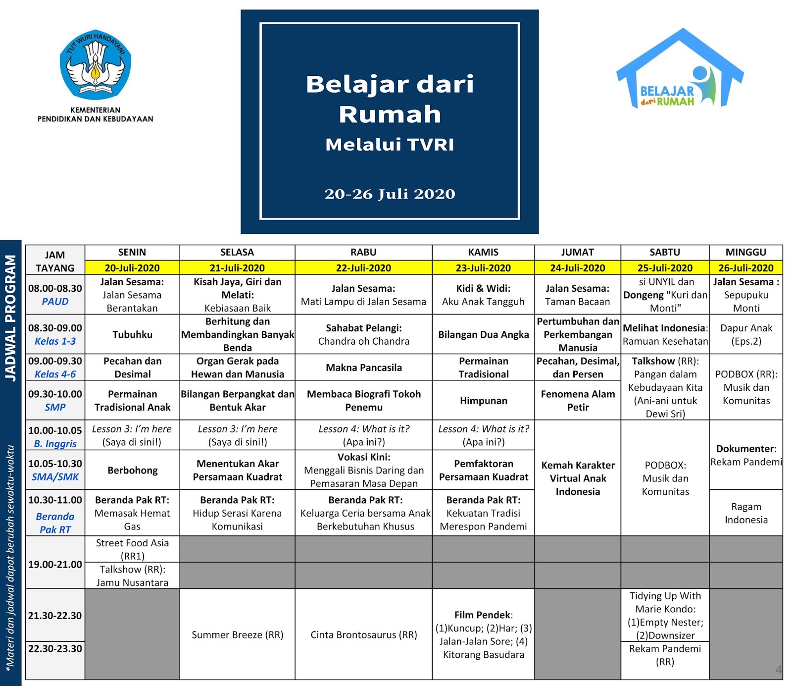 Panduan Belajar Dari Rumah (BDR) PAUD, SD, SMP, SMA/SMK dan Sederajat