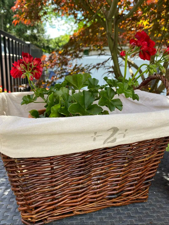 basket with numbered liner and geranium inside