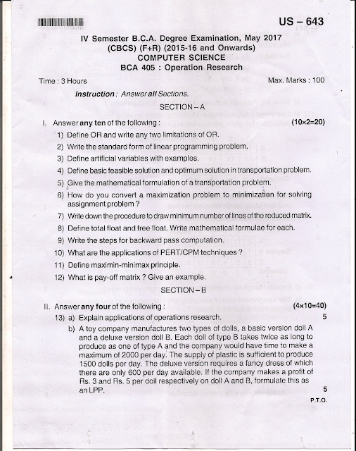 operation research question paper bca