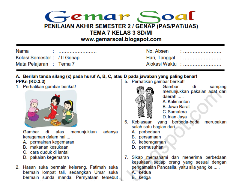 Soal PAT / UAS Tematik Tema 7 Kelas 3 SD MI Semester 2 Plus Kunci