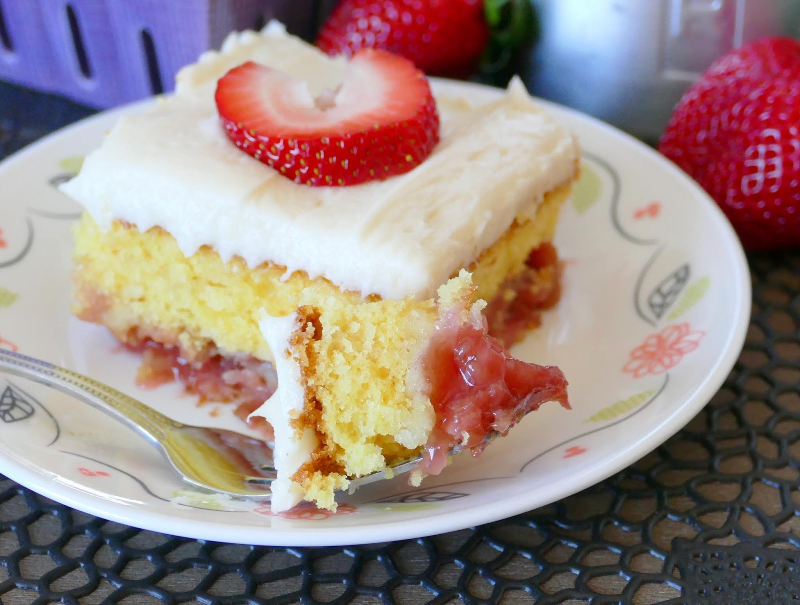 Hot Eats and Cool Reads Strawberry Rhubarb Cake with Buttercream