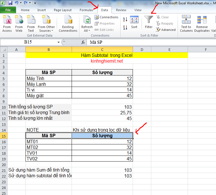 C ch s d ng h m subtotal trong excel