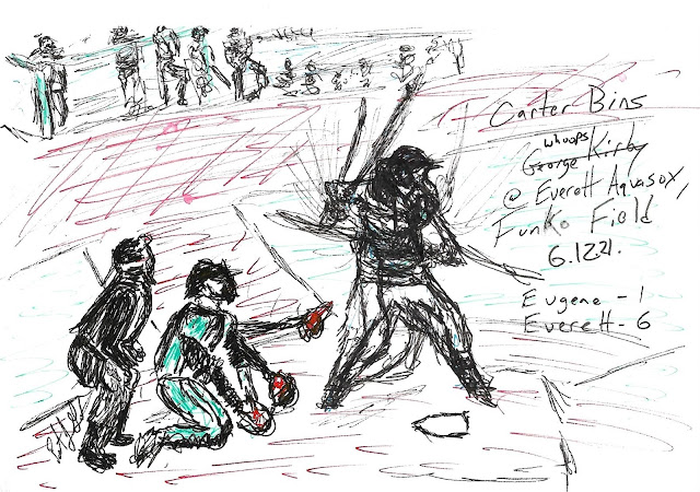 Drawing of Carter Bins batting as an Everett Aquasox