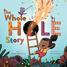 A young Black girl is climbing a ladder that leads to a hole. There is confetti type things and colorful air breezing out of the hole.