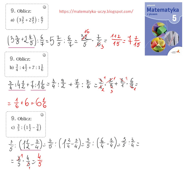 Zad. 8 i 9 str. 100 "Matematyka z plusem 5" Dzielenie ułamków zwykłych