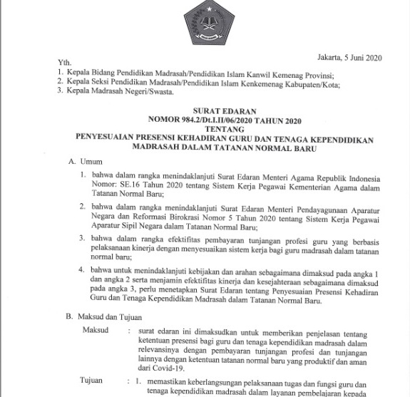 Surat Edaran Penyesuaian Presensi Kehadiran Guru Dan Tenaga Kependidikan Madrasah Dalam Tatanan Normal Baru Admin Bawean