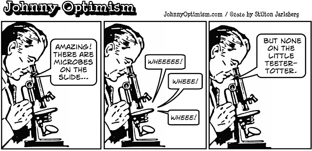 johnny optimism, medical, humor, sick, jokes, boy, wheelchair, doctors, hospital, stilton jarlsberg, microscope, microbes, slide, playground, teeter-totter