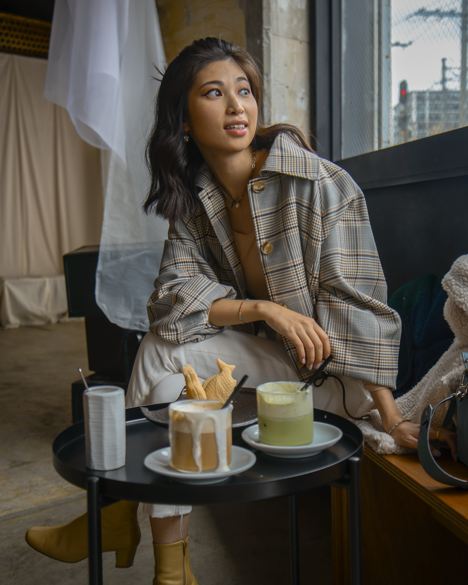 Jacket Layering for winter shearling moto and cropped plaid, winter layering tips, style hack for winter, jacket layering combination, Aimai cafe Fukuoka  - FOREVERVANNY