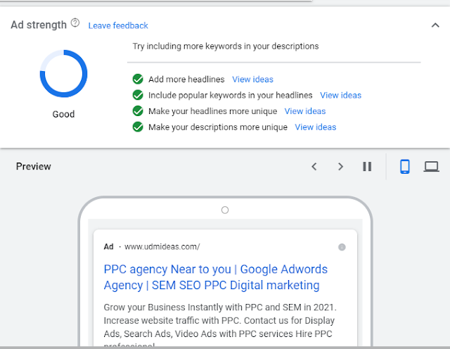 Preview and Ad strength Showing Good in Google AdFor UDMIDEAS