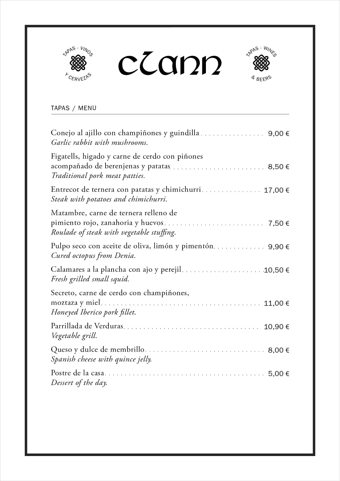 Clann Bar Tapas Valencia: TAPAS /MENU
