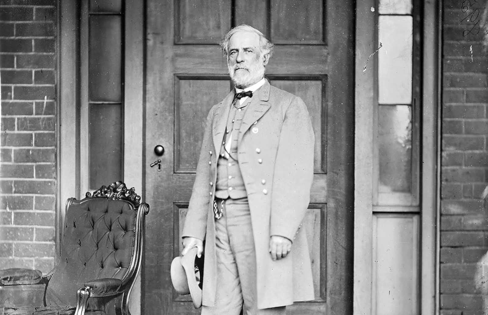 Confederate General Robert E. Lee poses in a late April 1865 portrait taken by Mathew Brady in Richmond, Virginia. By the end of the war, Lee had been appointed as general-in-chief of all Confederate forces, having led numerous armies into battle against Union forces during the conflict. It was Lee's surrender to General Ulysses Grant at Appomattox Court House on April 9, 1865 that signaled the end of the war