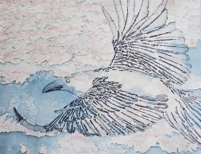 Watercolor painting of a transparent raven flying over winter water ice flow