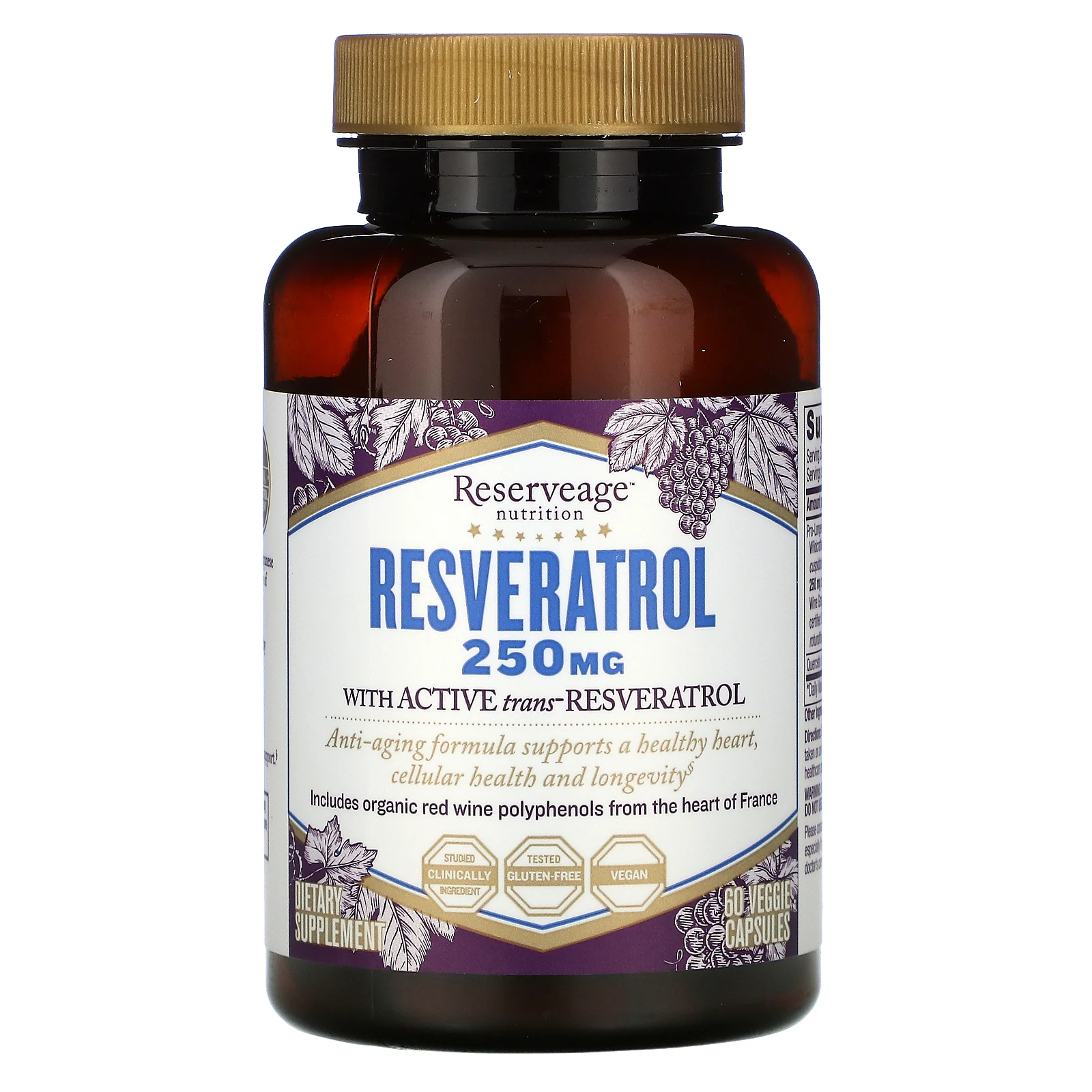 ReserveAge Nutrition, Resveratrol, действующая на клеточном уровне формула против старения, 250 мг, 60 растительных капсул