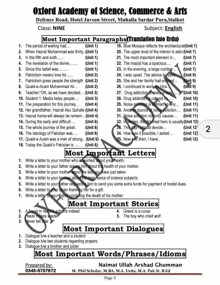 Download 9th Class English Guess Paper