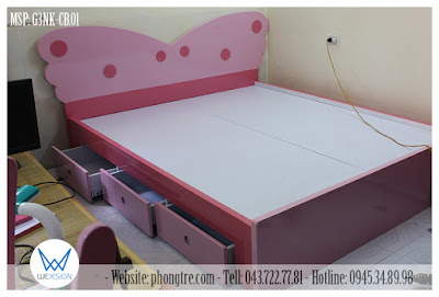 Giường cánh bướm hồng có 3 ngăn kéo G3NK-CB.01 dễ thương cho phòng ngủ bé gái