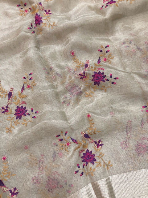 silver tissue saree with embroidery work