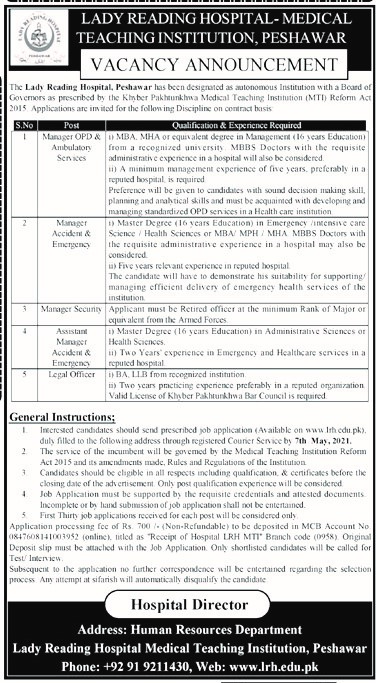 Lady Reading Hospital (LRH) Peshawar Jobs 2021 in Pakistan Lady Reading Hospital (LRH) Peshawar Jobs 2021 in Pakistan