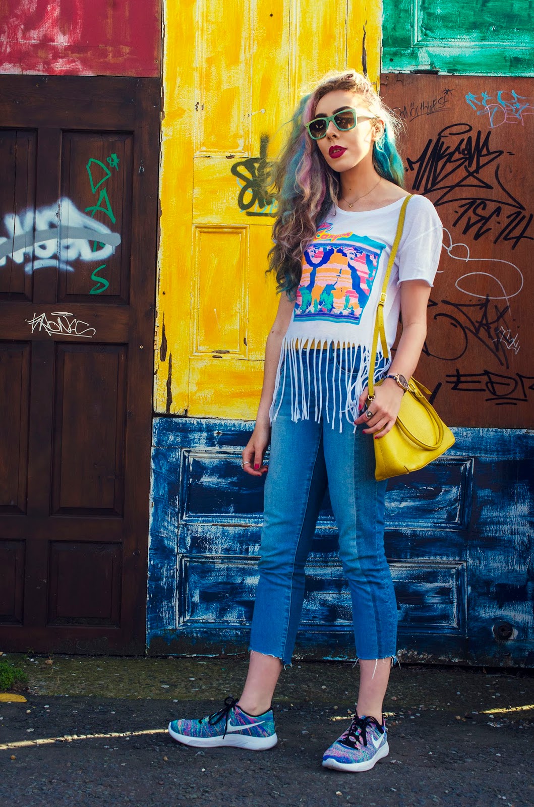 Wildfox Top ripped jeans nike trainers rainbow hair lookbook blogger