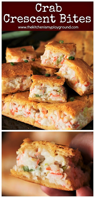 Crab Crescent Bites ~ Tasty bites loaded with creamy imitation crab & cream cheese filling. Super easy to make and just perfect as a party pick-up or game day snack.  www.thekitchenismyplayground.com