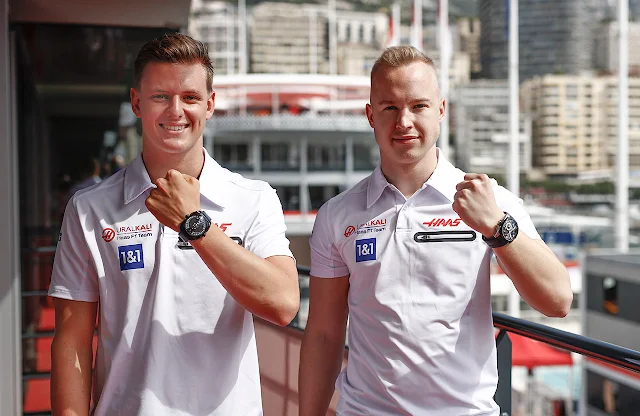 Drivers Mick Schumacher and Nikita Mazepin wearing their Cyrus timepieces