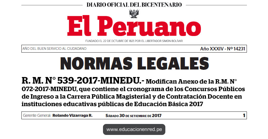R. M. N° 539-2017-MINEDU - Modifican Anexo de la R.M. N° 072-2017-MINEDU, que contiene el cronograma de los Concursos Públicos de Ingreso a la Carrera Pública Magisterial y de Contratación Docente en instituciones educativas públicas de Educación Básica 2017 - www.minedu.gob.pe R. M. N° 539-2017-MINEDU - Modifican Anexo de la R.M. N° 072-2017-MINEDU, que contiene el cronograma de los Concursos Públicos de Ingreso a la Carrera Pública Magisterial y de Contratación Docente en instituciones educativas públicas de Educación Básica 2017 - www.minedu.gob.pe