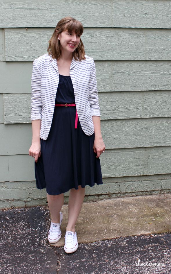 Summer Outfit: knit dress with striped blazer and sneakers | www.shealennon.com