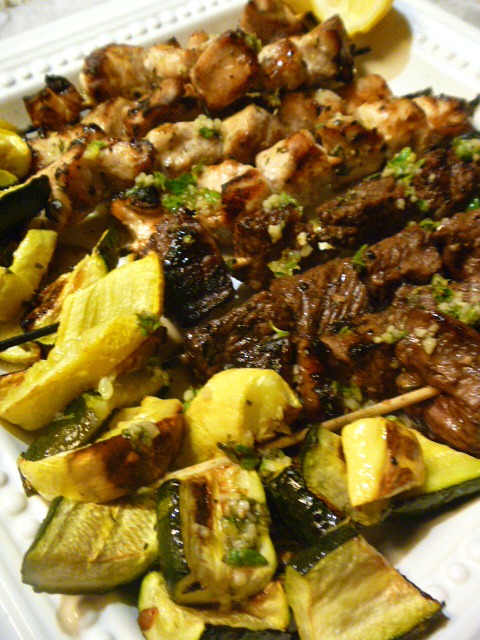 Lemon Garlic Herb Chicken and Beef Kabobs with Roasted Veggies - The BEST basting sauce ever! - Slice of Southern