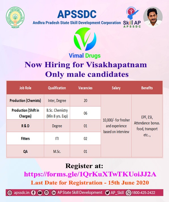 AP SKILLVZM Vacancies in Pharmaceutical company at Vizag