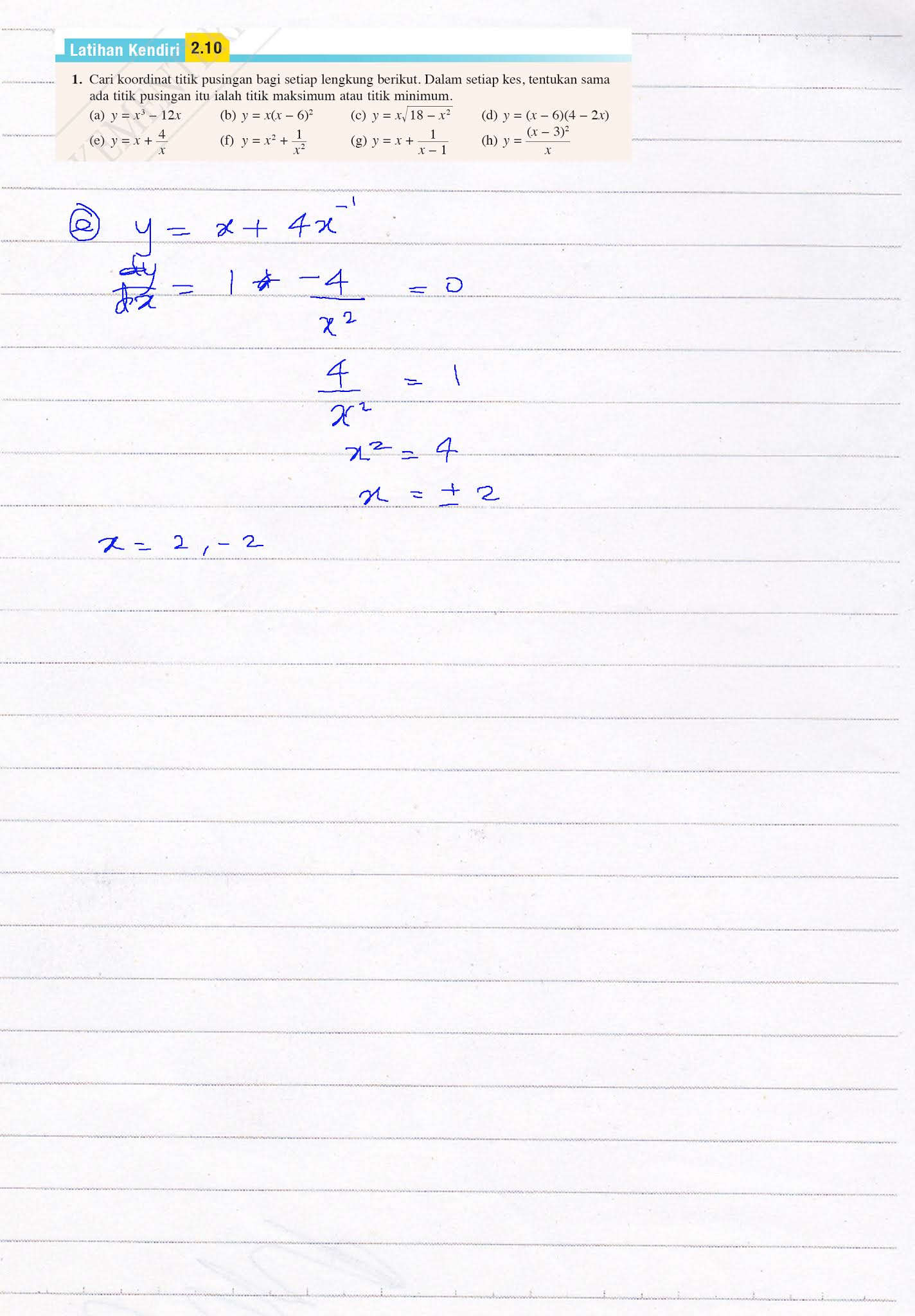 F5 Addmath Latihan Kendiri 2.10 Q1dh Bab 2 Pembezaan Titik Pusingan