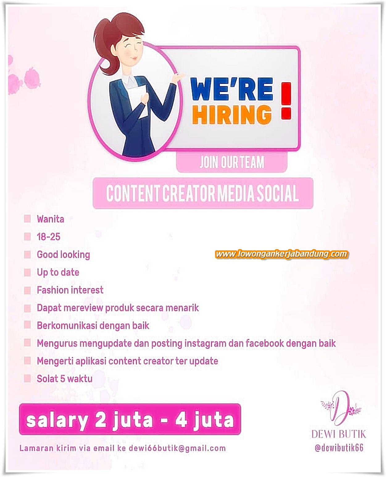 Lowongan Kerja Bandung Content Creator Dewi Butik - Loker Bandung Hari