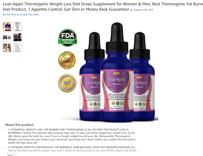 Lean Again Thermogenic Weight Loss Diet Drops Supplement for Women