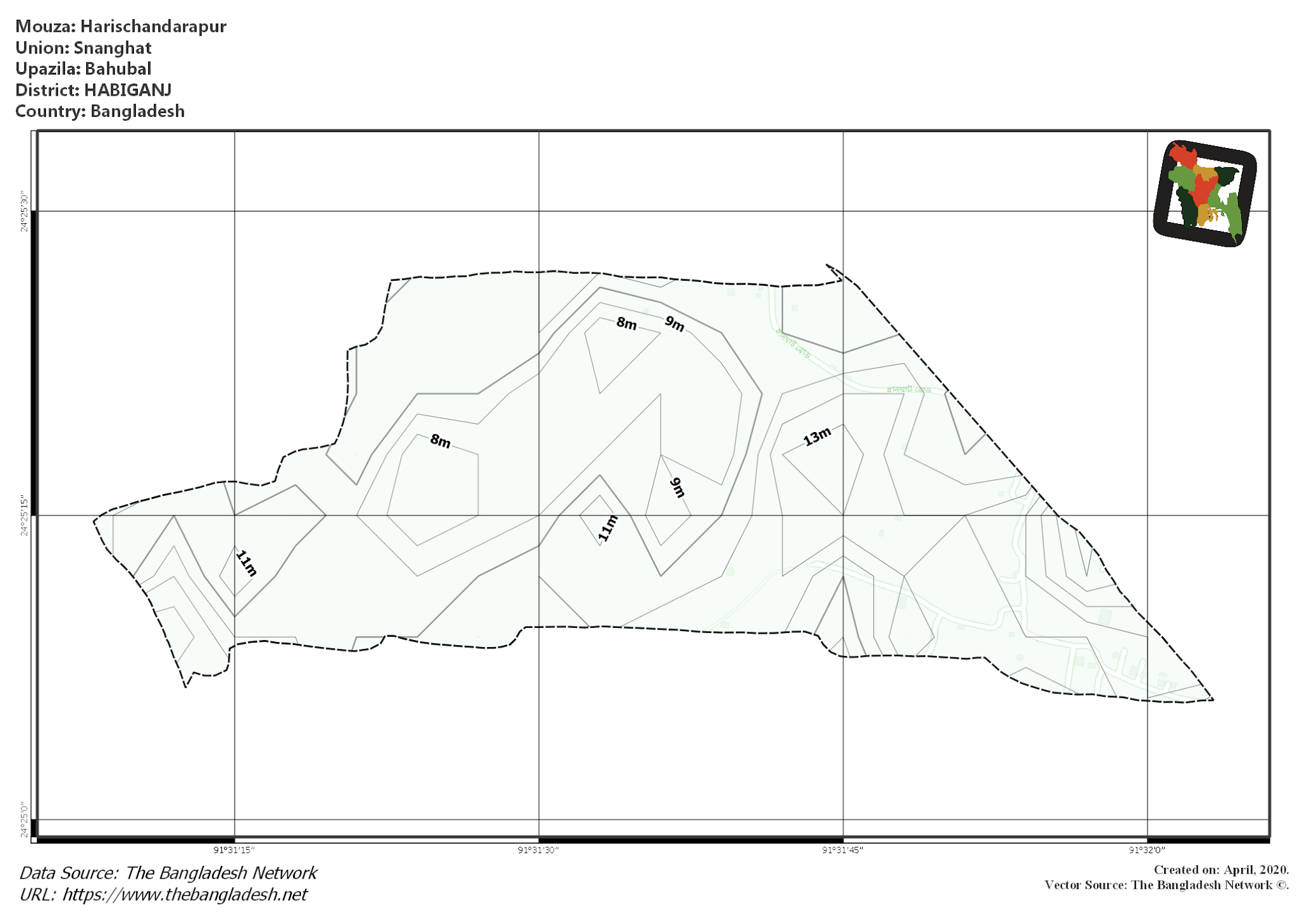 Map of Harischandarapur Mouza of Bahubal Upazila, HABIGANJ, Bangladesh.
