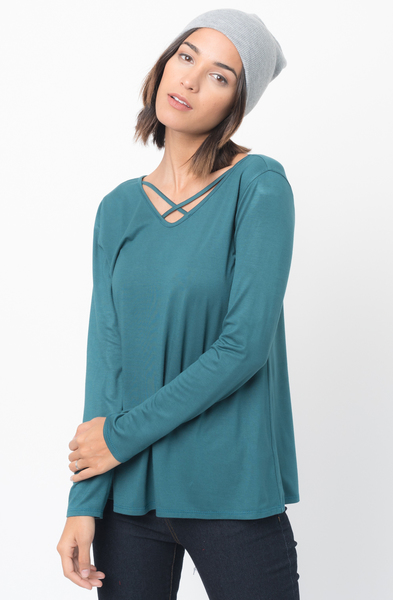 Shop for Hunter green Long Sleeves Cross Front Neckline Tee Jersey Tunic Online - $30 - on caralase.com