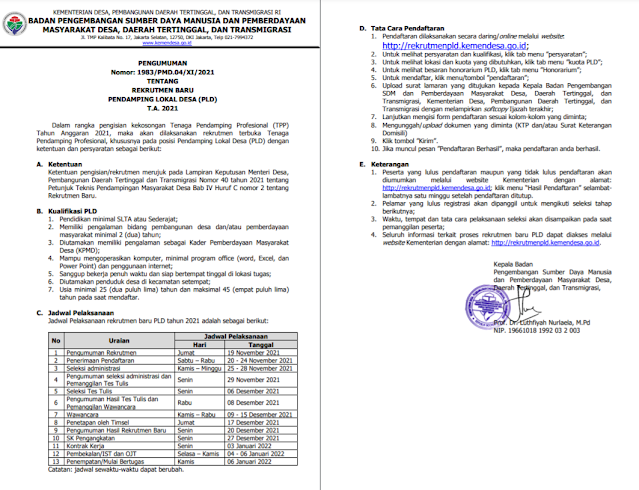Info Rekrutmen Pendamping Lokal Desa 2021