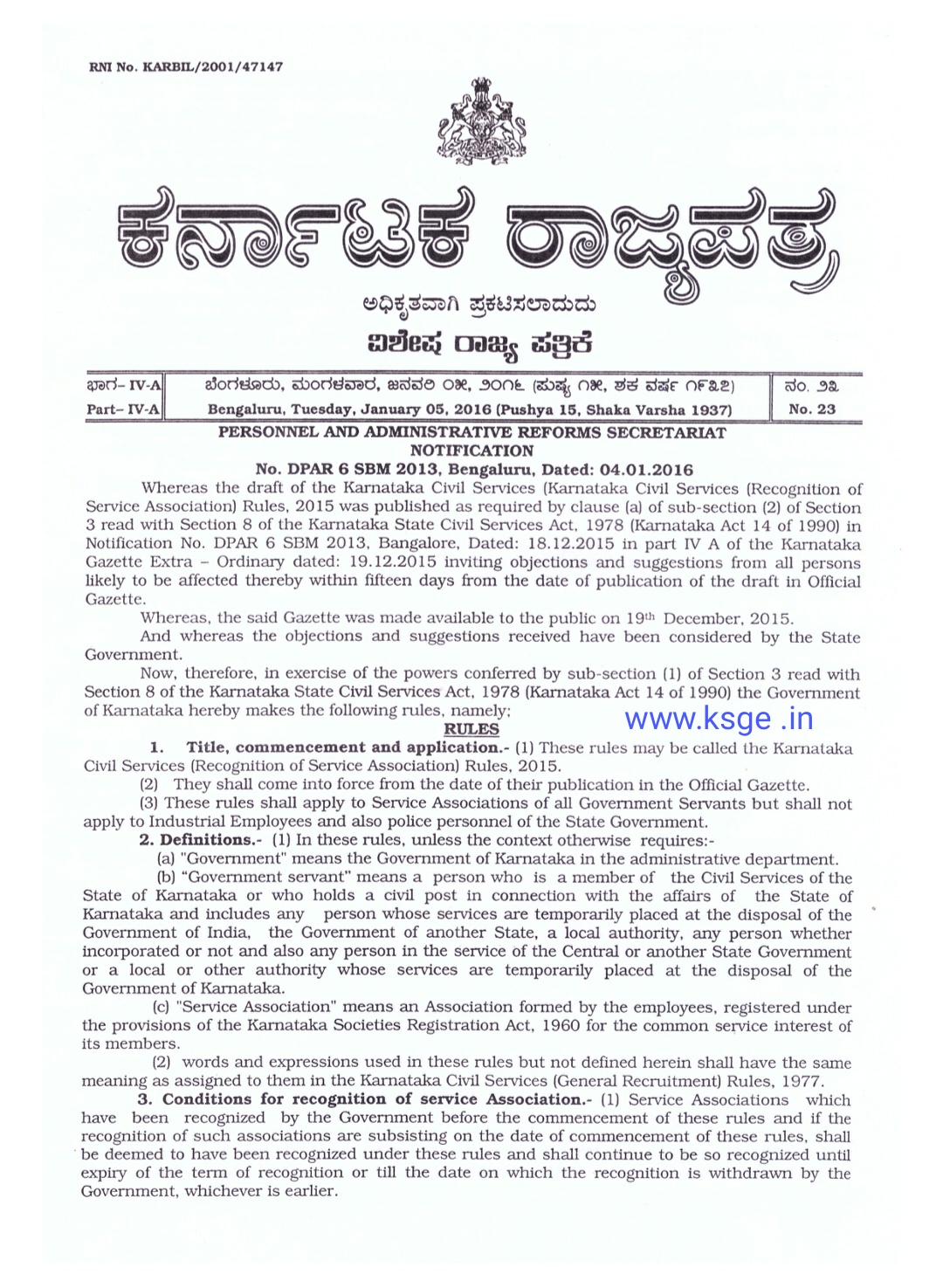 GAZETTE COPY Karnataka Civil Services(Recognition of Service