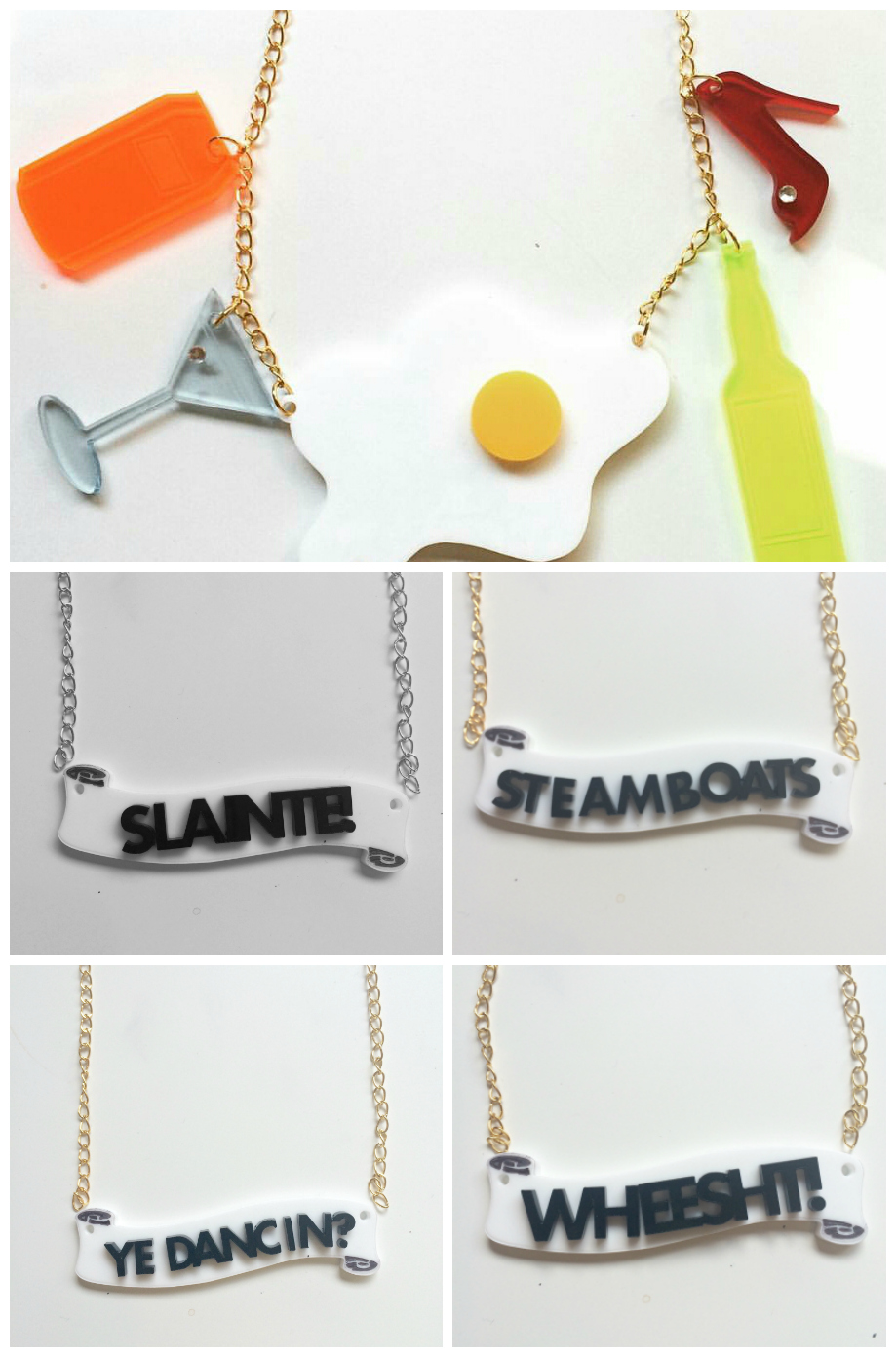 Bonnie Bling Jewellery Workshop Hill Street Design House, Bonnie Bling, acrylic jewellery, house party necklace, acrylic jewellery workshop, Hootenanny Hangover necklace, scroll slogan necklace