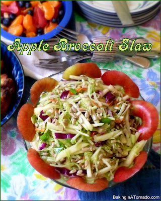 Apple Broccoli Slaw is a cool, refreshing side dish perfect for that cook out or pot luck. Apples, vegetable, and sunflower seeds are mixed with a light (no mayo) dressing. | recipe developed by www.BakingInATornado.com | #recipe #sidedish