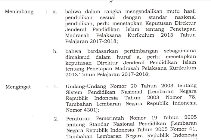 Contoh SK Madrasah Pelaksana Kurikulum 2013 MI MTs MA - Situs Kurikulum